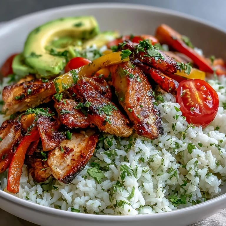 Vibrant chicken fajitas served over zesty cilantro-lime rice, topped with avocado and cherry tomatoes for freshness.  