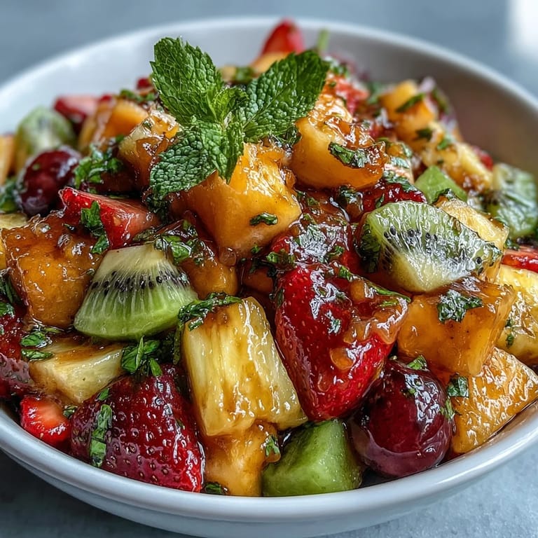 Vibrant tropical fruit salad with juicy pineapple, kiwi, and strawberries, served with a zesty mint lime dressing for a refreshing side.  