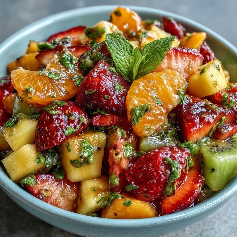 Bright and refreshing tropical fruit salad with banana and watermelon, tossed in a tangy mint lime dressing for a summer treat.