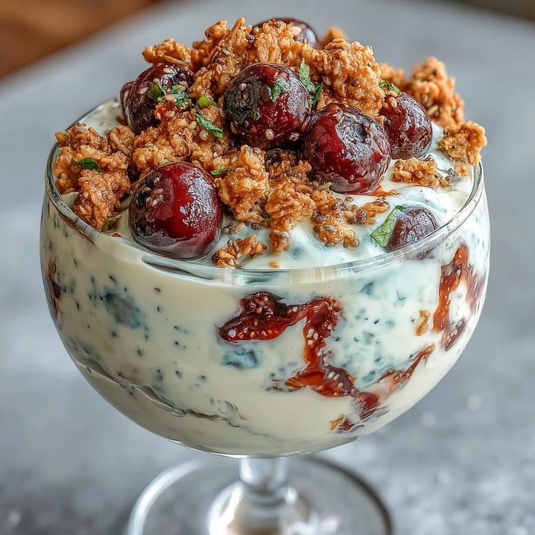 Creamy Greek yogurt parfait topped with mixed berries and crunchy granola crumble, ideal for a refreshing breakfast treat.