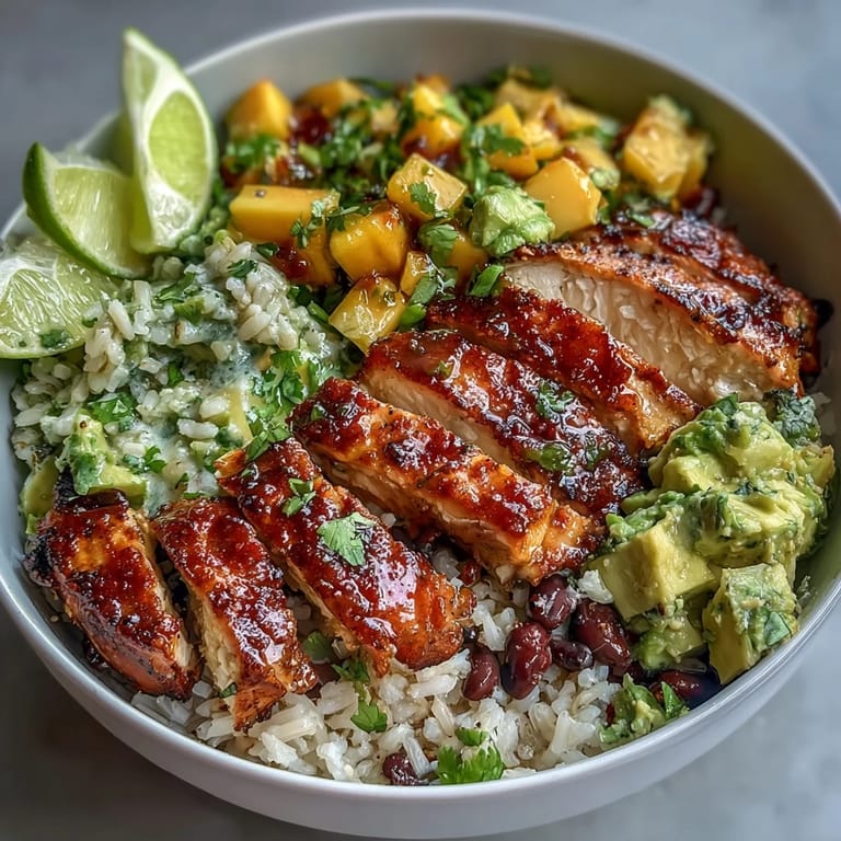 Wholesome Mango Avocado Salsa Chicken Bowls with Brown Rice and Black Beans, served with a side of fresh lime wedges and cilantro.