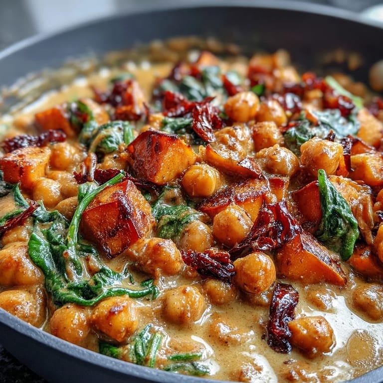 A close up of the Creamy Coconut Curry Chickpea Skillet.