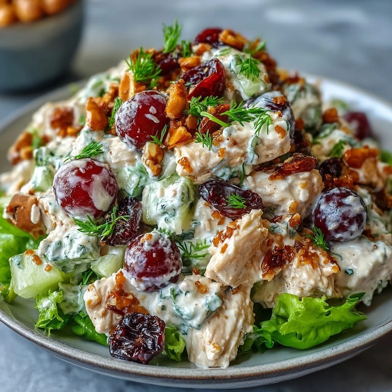 Creamy vegan chicken salad with slivered almonds and red grapes, mixed with vegan mayo and lemon juice for a tangy flavor.