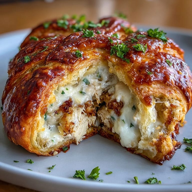 Tender chicken and mozzarella stuffed in flaky crescent rolls, drizzled with rich garlic Parmesan butter sauce for a comforting dinner treat.