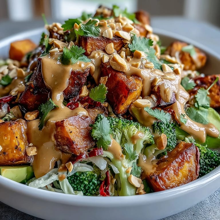 Colorful vegetarian Buddha bowl featuring roasted sweet potatoes, crunchy cabbage, carrots, avocado, and rich Thai peanut dressing.