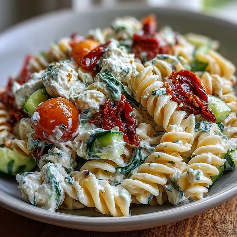 Creamy cottage cheese pasta salad featuring colorful vegetables, perfect for a protein-rich lunch or side dish.