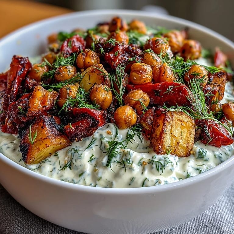 Flavorful roasted potatoes, bell peppers, and chickpeas drizzled with cool, herby tzatziki sauce for a satisfying plant-based dish.