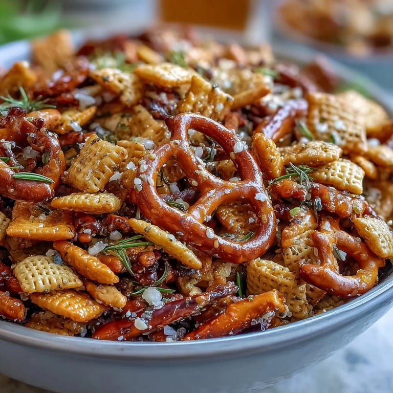 Zesty homemade dill pickle Chex Mix mix combines Chex cereals, bagel chips, and pretzels for a tangy, addictive snack everyone will love.  