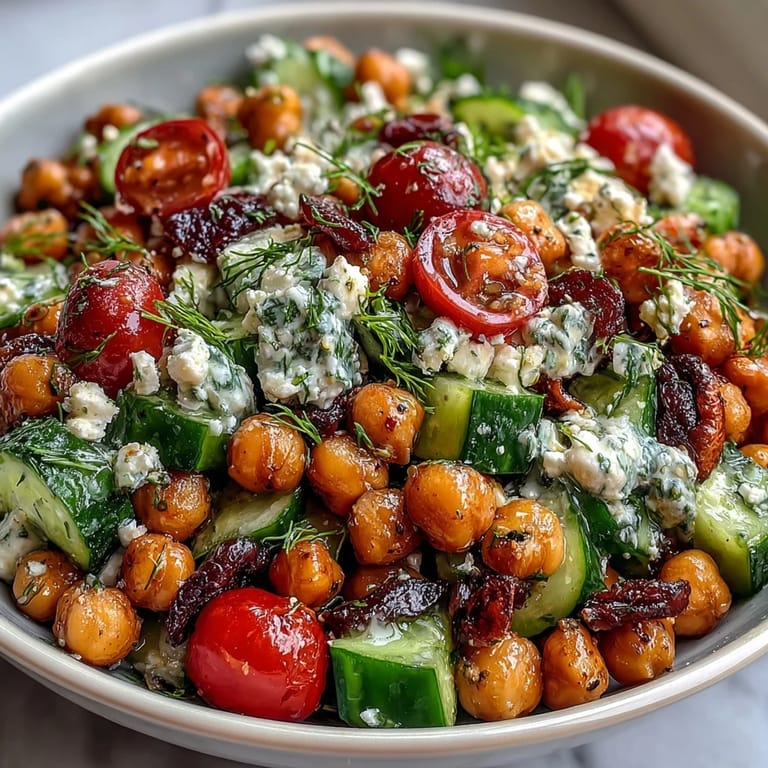 A colorful bowl of Easy Chickpea Cucumber Salad with Feta and Tomatoes, featuring juicy cherry tomatoes, crunchy cucumbers, and creamy feta crumbles.