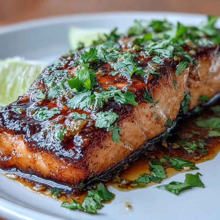 Oven-baked salmon fillets glazed in a glossy honey-lime garlic butter sauce, flaky and tender, topped with citrus slices and fresh herbs.