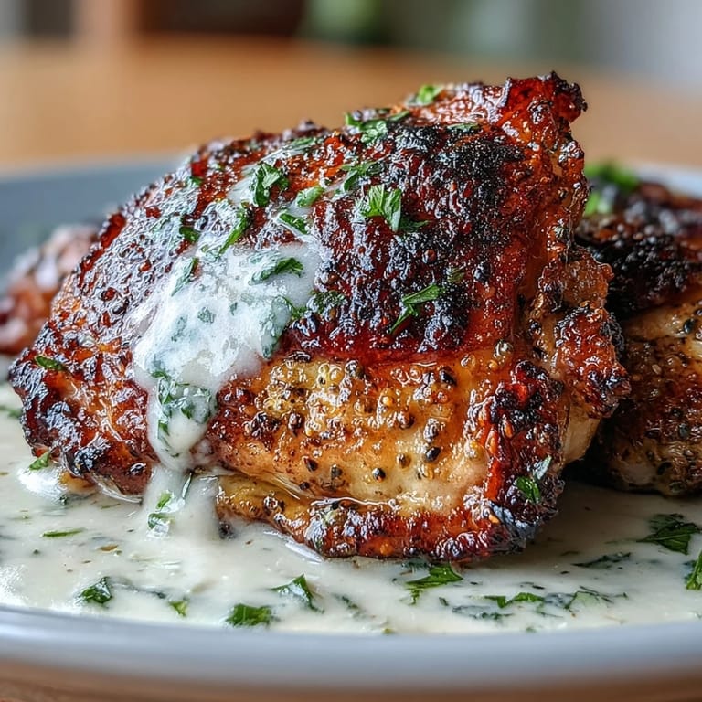 Juicy bone-in chicken thighs seasoned with zaatar and smoked paprika, served with a rich, lemony tahini-garlic drizzle for a Middle Eastern twist.  