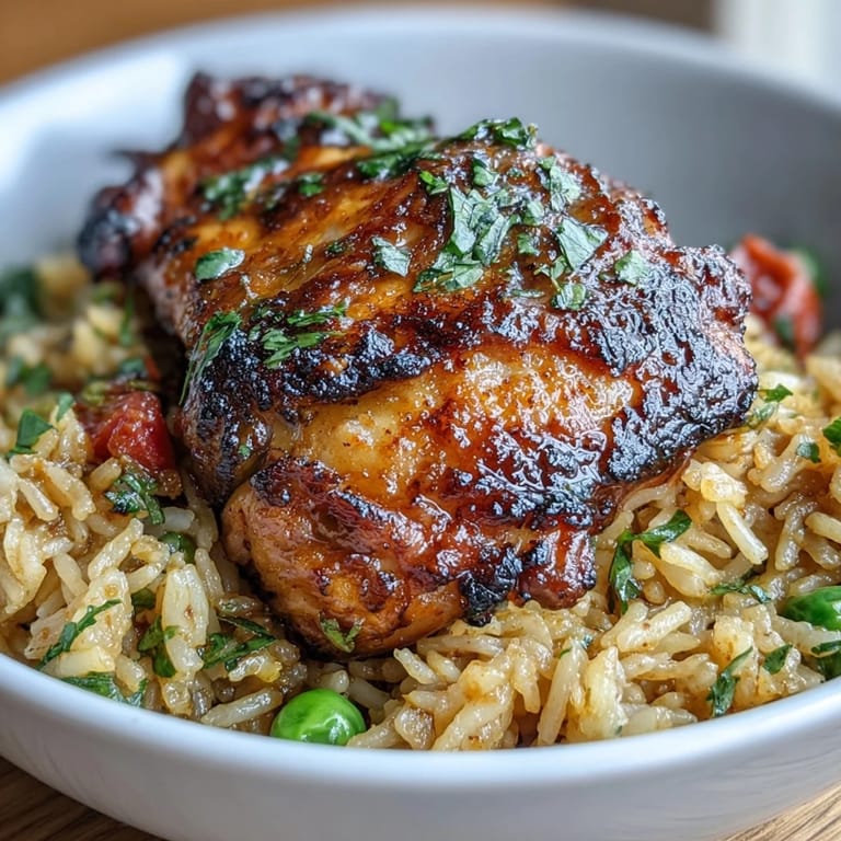 Golden-brown chicken thighs rest atop turmeric rice, infused with paprika, garlic, and a hint of cayenne for a spicy kick.