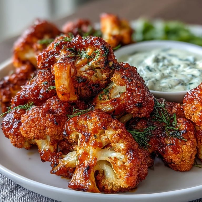 Spicy roasted cauliflower bites drenched in bold buffalo sauce, paired with a cool, herby ranch yogurt dip for the ultimate keto-friendly snack.  