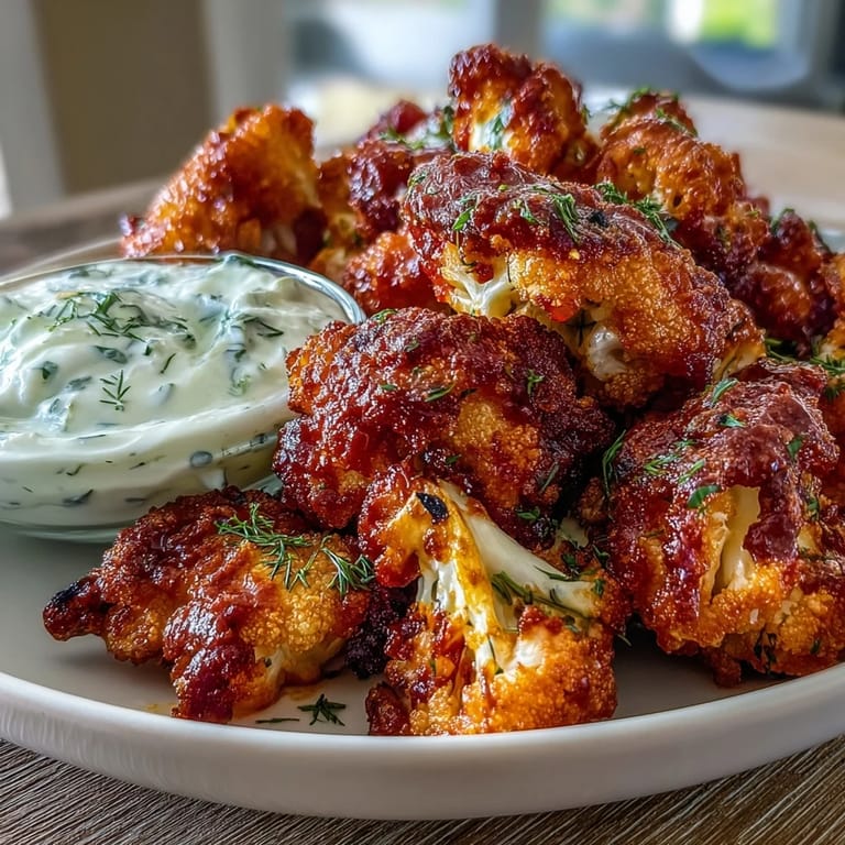 Crispy oven-roasted cauliflower tossed in zesty buffalo sauce, served alongside a rich, herby ranch yogurt dip for a crowd-pleasing vegetarian treat.
