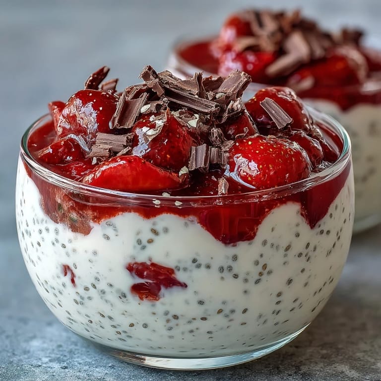 Layered strawberry yogurt chia pudding topped with dark chocolate shavings, perfect for a healthy breakfast or light dessert.