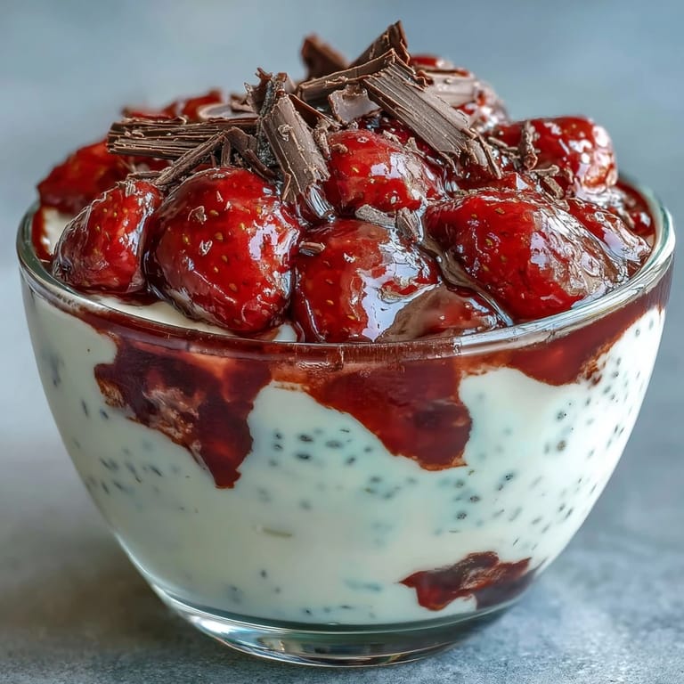 Velvety strawberry chia pudding with Greek yogurt and a sprinkle of dark chocolate shavings, ideal for a nutritious treat.