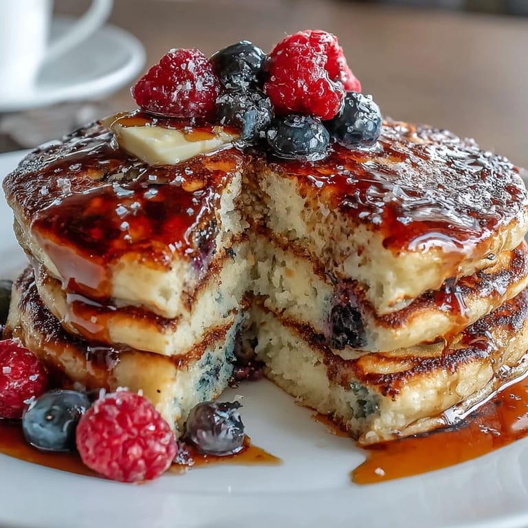 High-protein pancakes made with cottage cheese and mixed berries, served warm and ready to fuel your morning or recovery.