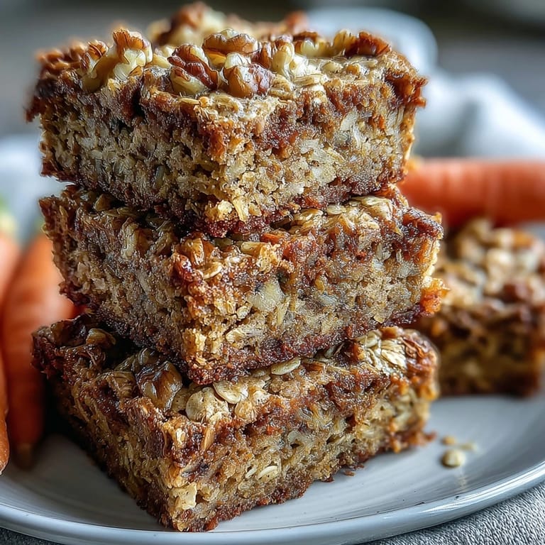 Golden baked oatmeal squares packed with shredded carrots, cinnamon, and nutmeg, perfect for a nutritious morning treat or afternoon pick-me-up.