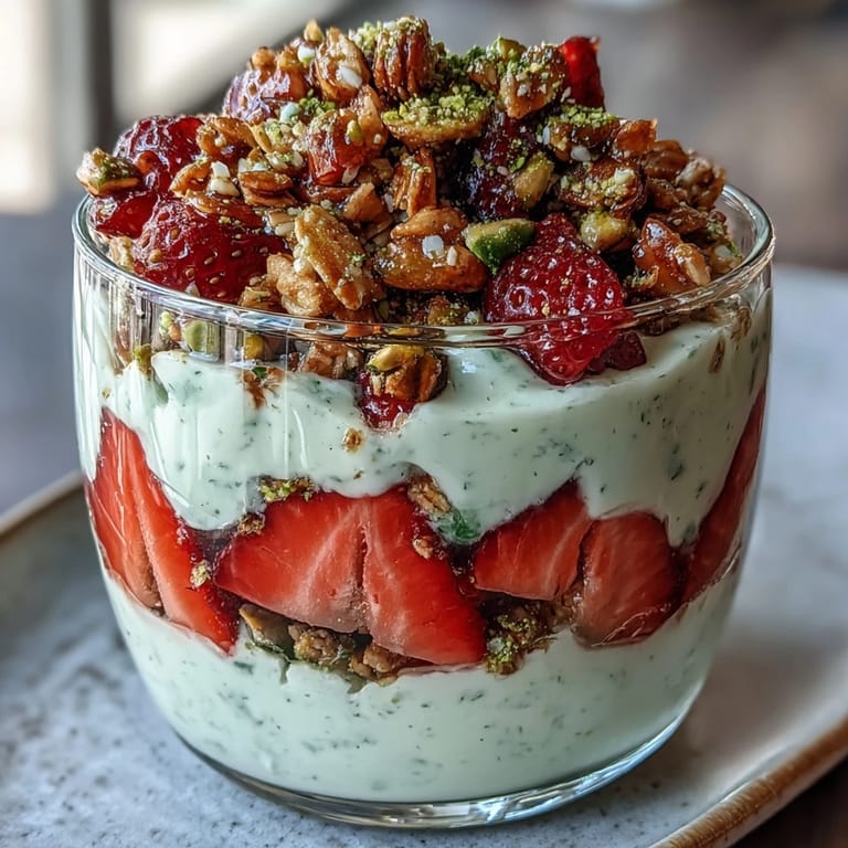 Bright and colorful pistachio and strawberry parfait featuring tangy strawberries, rich Greek yogurt, and toasted pistachios for a satisfying morning treat.