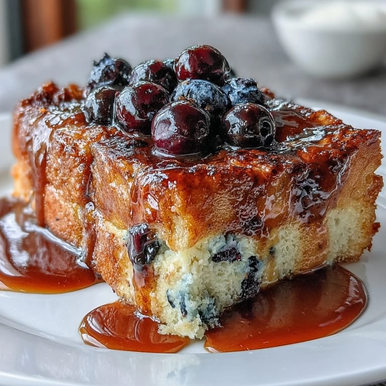 Decadent make-ahead Blueberry Sourdough French Toast Bake, bursting with plump berries and topped with a buttery cinnamon-sugar crust for a perfect brunch centerpiece.