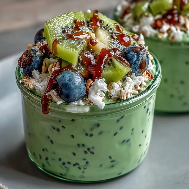 Creamy green matcha overnight oats layered with coconut and chia seeds, garnished with banana slices and a drizzle of honey.