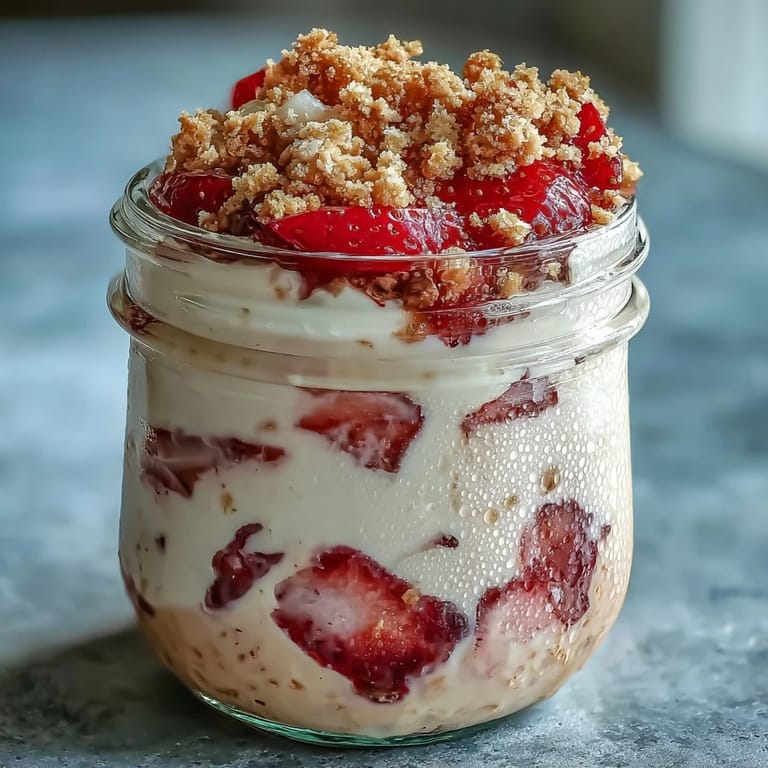 Chilled strawberry cheesecake overnight oats in mason jars, topped with fresh berries and creamy yogurt.