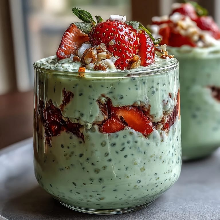 Energizing matcha green tea blended with chia seeds and strawberries for a colorful, nutritious morning treat.
