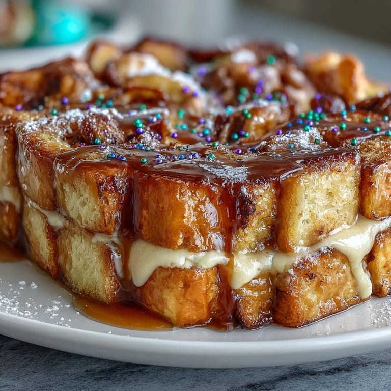 Decadent Mardi Gras-inspired King Cake casserole featuring cinnamon-swirl bread, rich cream cheese filling, and colorful sugar topping.