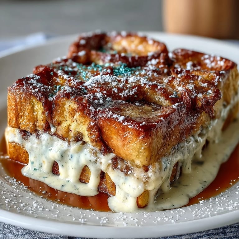 Festive breakfast bake combining brioche cubes, creamy custard, and traditional King Cake icing for a sweet holiday morning treat.