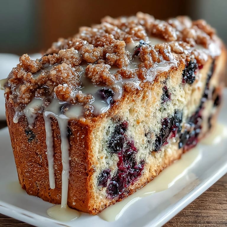 Slices of moist lemon blueberry sourdough bread reveal a vibrant berry swirl and crisp crumble topping, perfect for brunch or afternoon snacking.