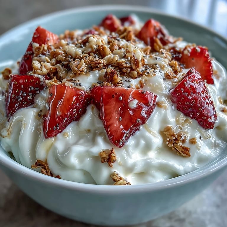 Whipped Greek yogurt layered with juicy strawberries and nutty granola crunch, garnished with chia seeds and mint.  