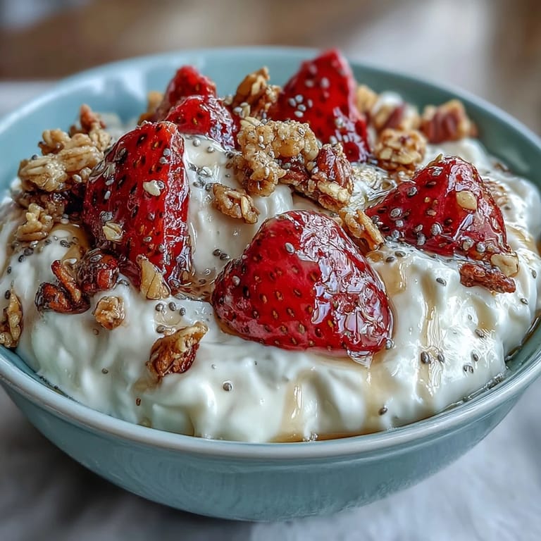 Light and creamy yogurt breakfast bowl featuring sweet strawberries, crunchy granola, and a hint of vanilla for extra flavor.