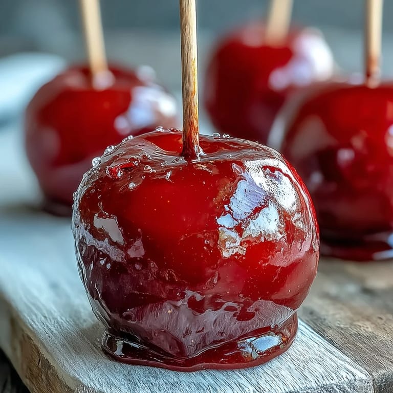 Classic candy apples dipped in a bright red sugar glaze, offering a sweet crunch and tart apple bite.