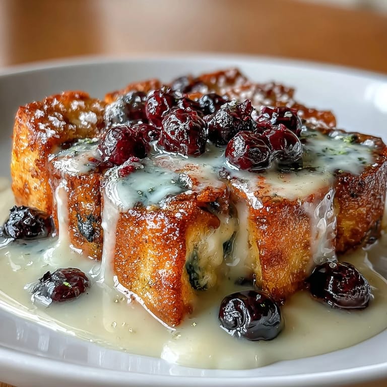 Bright and tangy Lemon Blueberry Sourdough French Toast Bake topped with cinnamon sugar, served warm and inviting from the oven.