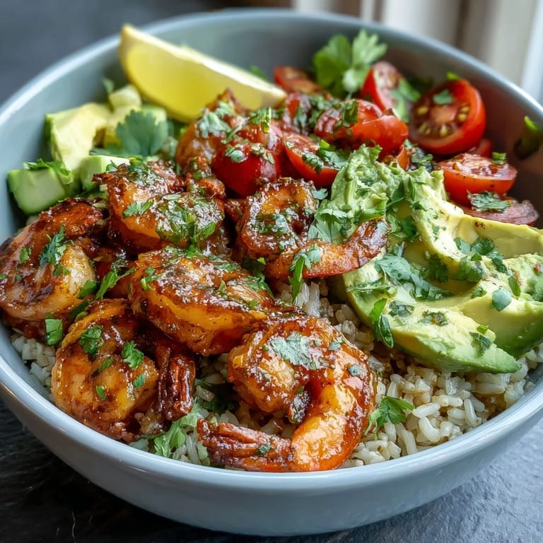 Succulent shrimp sautéed in zesty lemon and garlic, served with crisp cucumber, tomatoes, and fluffy brown rice.  