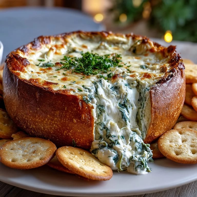 Creamy, cheesy spinach artichoke dip loaded with garlic and Parmesan, served warm inside a golden sourdough bread bowl.