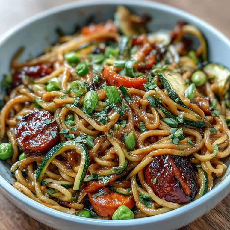 Healthy spiralized zucchini and crisp vegetables coated in a rich, tangy peanut sauce.