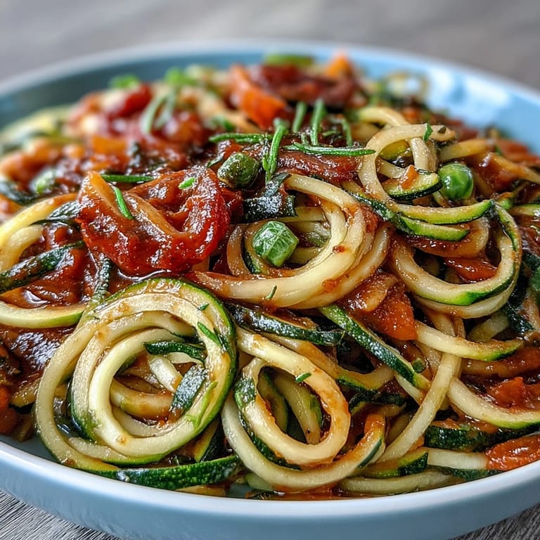 Fresh zucchini noodles tossed with bell peppers and carrots in a savory peanut sauce.