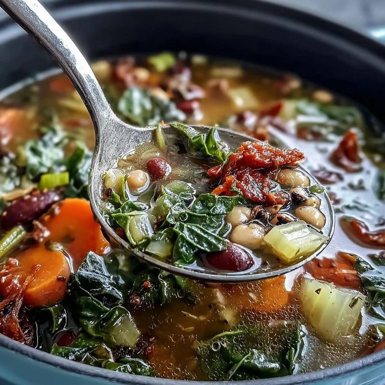 Hearty Southern black-eyed pea and collard green stew, rich with vegetables and warming spices.