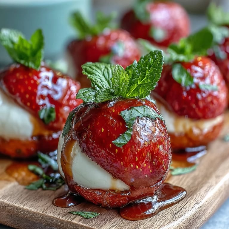 Delightful strawberry caprese skewers with juicy berries, fresh mozzarella, and basil, drizzled with balsamic glaze for a vibrant appetizer.
