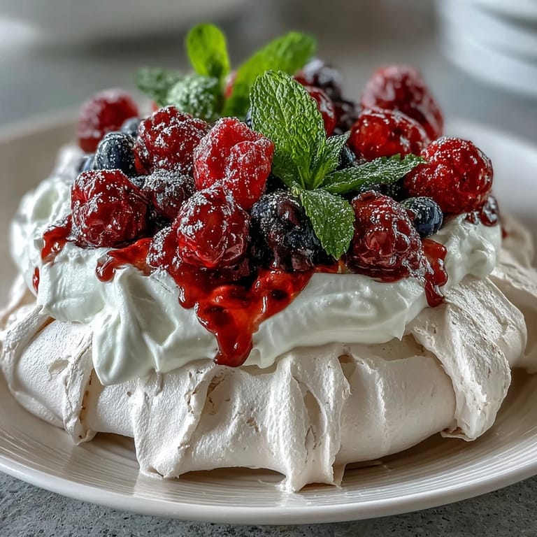 Elegant Mothers Day Pavlova features a golden meringue shell filled with clouds of vanilla cream and a rainbow of juicy berries.