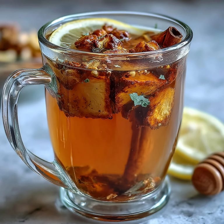 A soothing herbal tea featuring roasted dandelion root, fresh ginger, and turmeric, served in clear mugs with a sprinkle of black pepper.