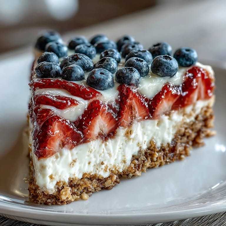 Creamy Fourth of July no-bake cheesecake with blueberry stars and strawberry stripes, an easy patriotic dessert for Independence Day.
