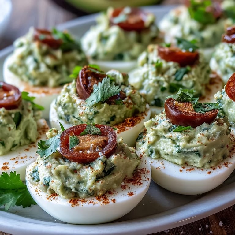 A vibrant twist on deviled eggs with avocado-lime guacamole filling, garnished with diced tomato and a sprinkle of smoked paprika.