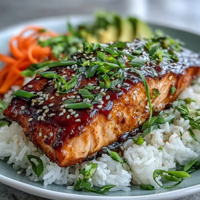 Savory teriyaki-glazed salmon served over steaming jasmine rice with crisp cucumber, carrot, and creamy avocado slices for a balanced meal.