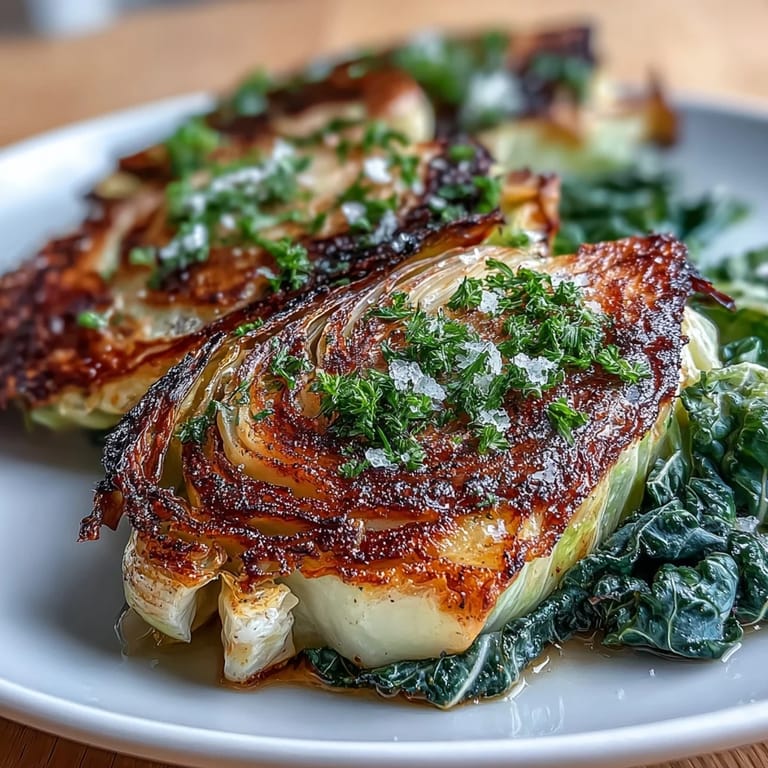 Hearty cabbage slices caramelized in the oven with olive oil, garlic, and a hint of spice, served with a citrusy lemon drizzle.  