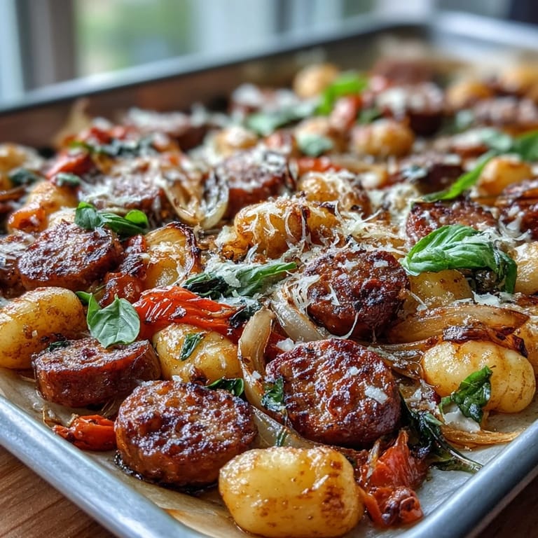Colorful roasted peppers and golden gnocchi with savory sausage, finished with Parmesan and fresh basil for a hearty dish.