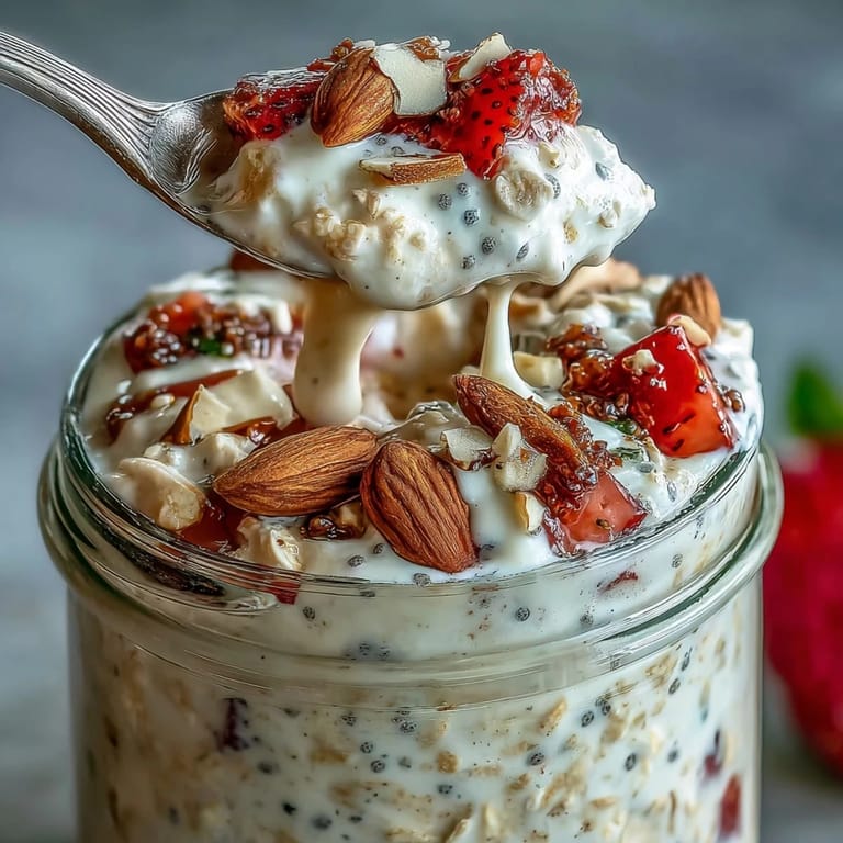 Creamy vanilla overnight oats with juicy strawberries, perfect for a quick and nutritious morning meal.