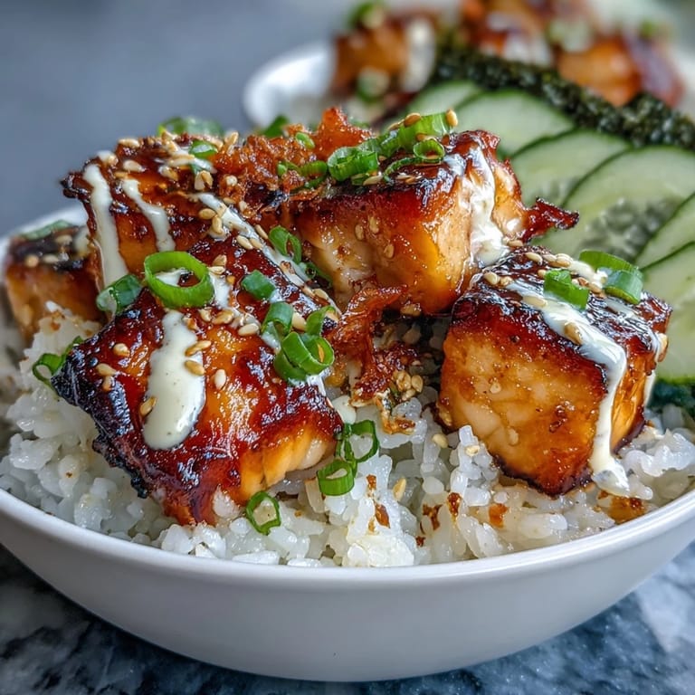 Vibrant salmon rice bowl topped with spicy mayo drizzle, crisp cucumber, and toasted sesame, perfect for a quick and flavorful meal.