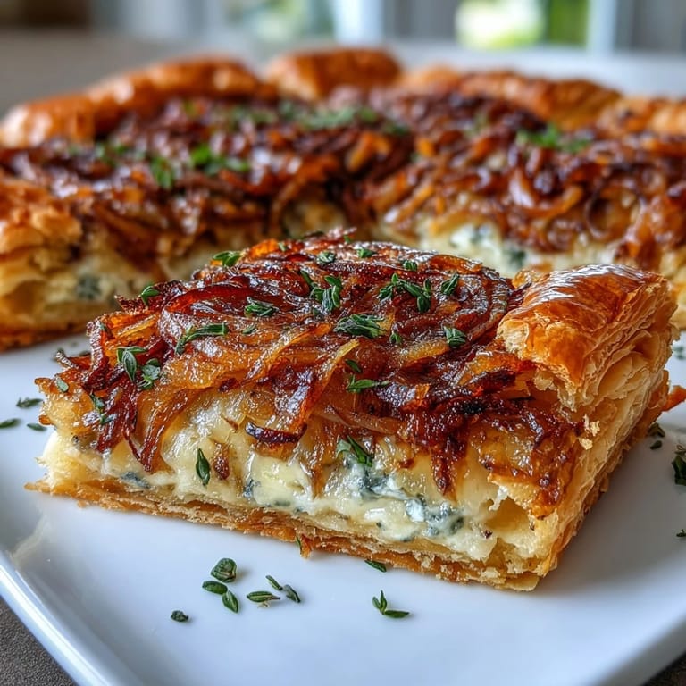 Savory French onion puff pastry tart features golden onions, melted Gruyère, and fresh thyme baked to perfection on a buttery crust.